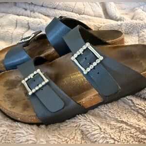 Birkenstock Papillio Black Rhinestone Double Strap Slide Sandals Size 39/8